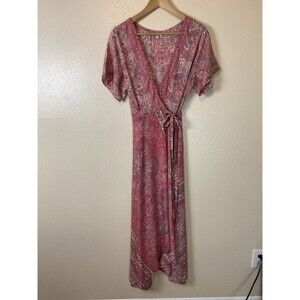 Bad Karma L Floral Satin Rayon Dress Maxi Paisley Tile Pink Wrap V-Neck A-Line